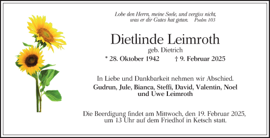 Traueranzeige von Dietlinde Leimroth von Schwetzinger Zeitung