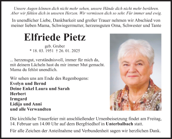 Traueranzeige von Elfriede Pietz von Fränkische Nachrichten