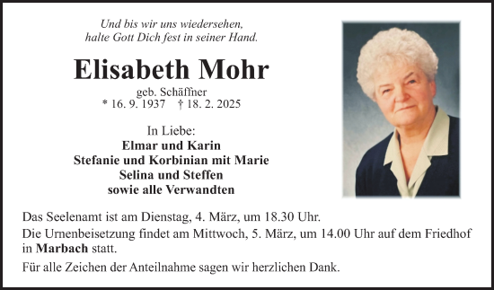 Traueranzeige von Elisabeth Mohr von Fränkische Nachrichten