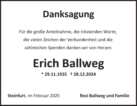 Traueranzeige von Erich Ballweg von Fränkische Nachrichten