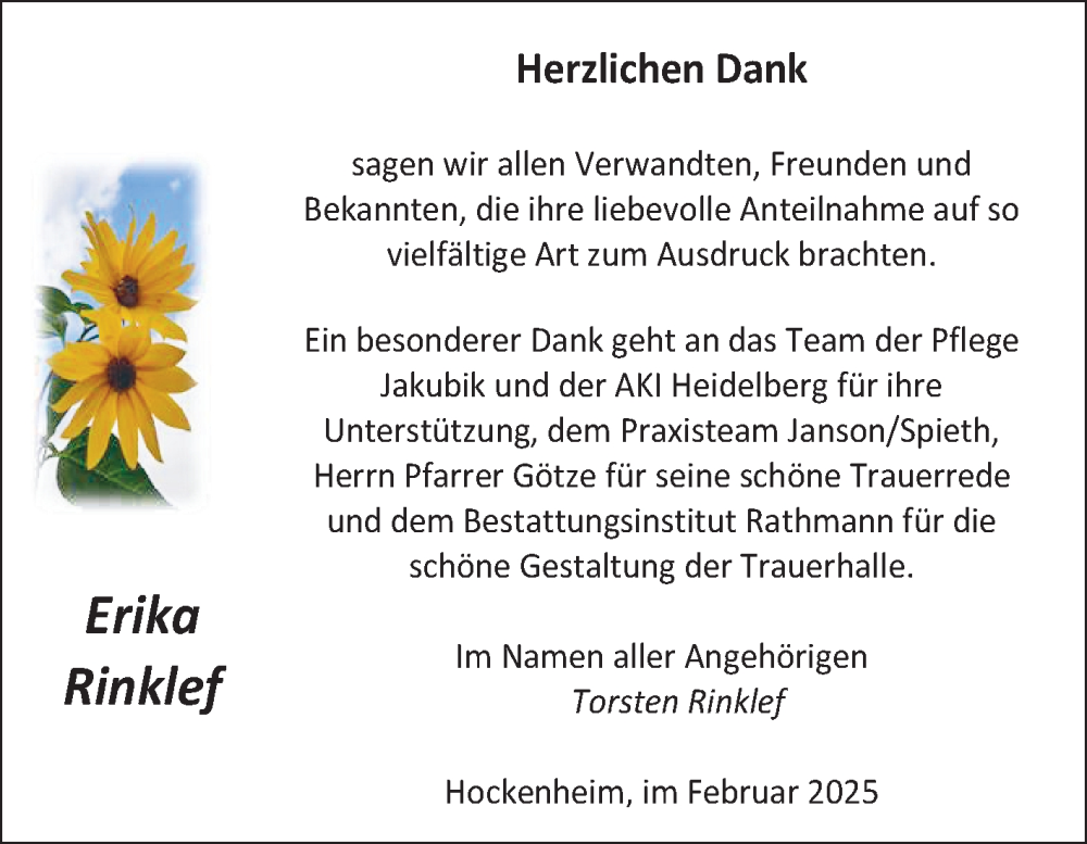  Traueranzeige für Erika Rinklef vom 15.02.2025 aus Schwetzinger Zeitung