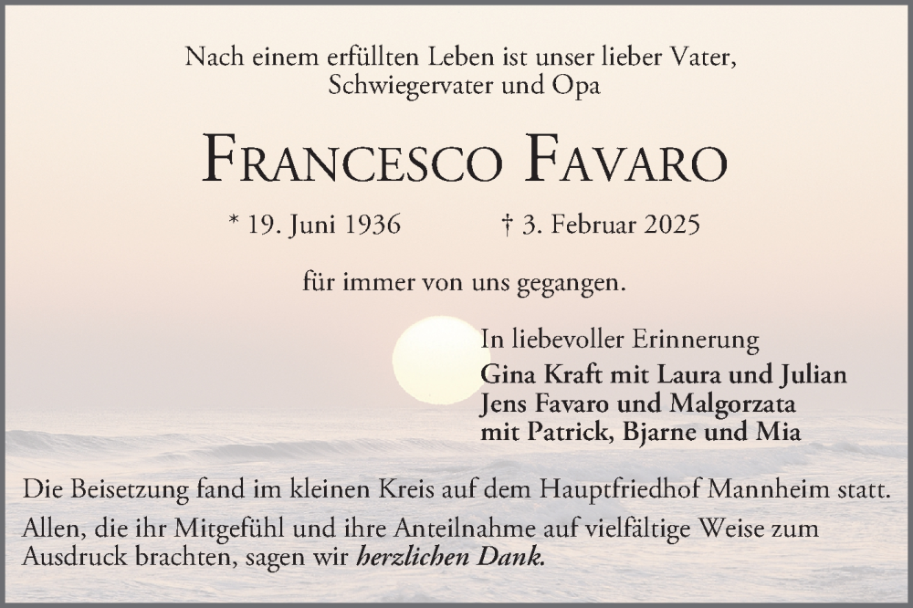  Traueranzeige für Francesco Favaro vom 01.03.2025 aus Mannheimer Morgen