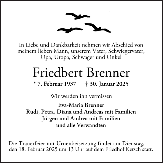 Traueranzeige von Friedbert Brenner von Schwetzinger Zeitung