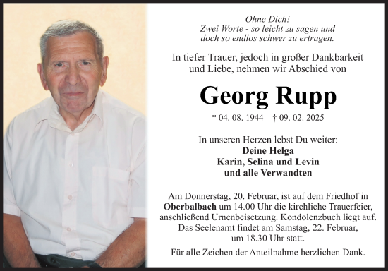 Traueranzeige von Georg Rupp von Fränkische Nachrichten