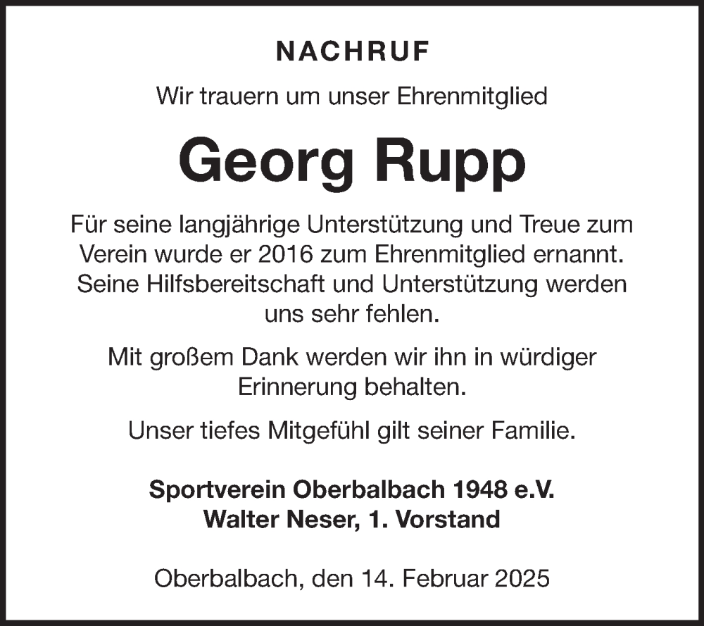  Traueranzeige für Georg Rupp vom 14.02.2025 aus Fränkische Nachrichten