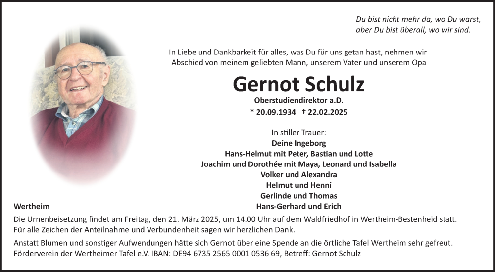 Traueranzeige für Gernot Schulz vom 01.03.2025 aus Fränkische Nachrichten