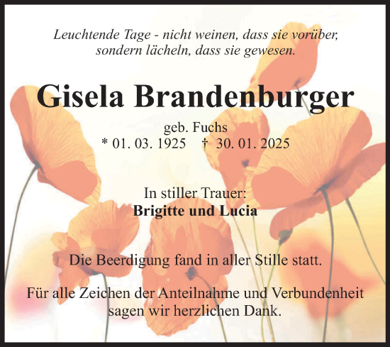 Traueranzeige von Gisela Brandenburger von Fränkische Nachrichten