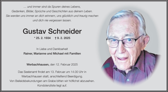 Traueranzeige von Gustav Schneider von Fränkische Nachrichten