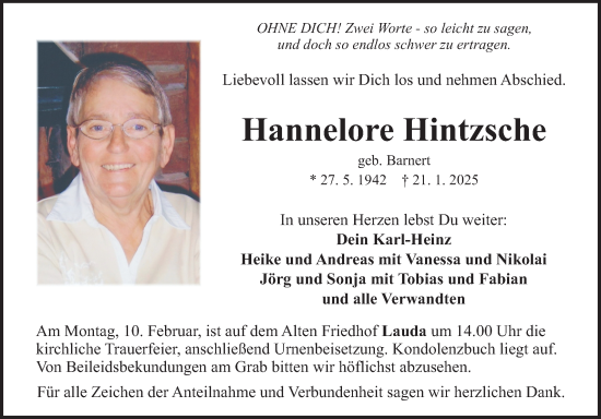 Traueranzeige von Hannelore Hintzsche von Fränkische Nachrichten
