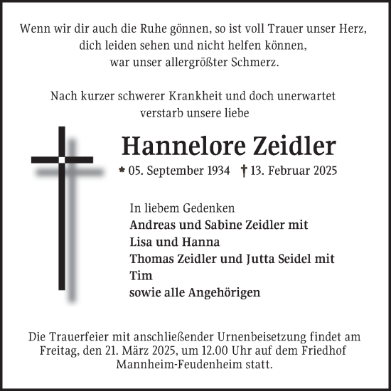 Traueranzeige von Hannelore Zeidler von Mannheimer Morgen