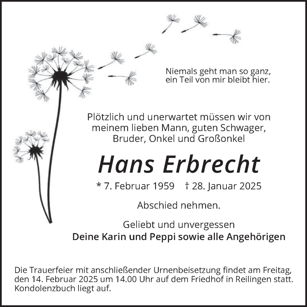  Traueranzeige für Hans Erbrecht vom 05.02.2025 aus Schwetzinger Zeitung