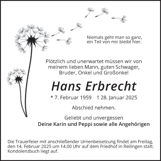 Traueranzeige von Hans Erbrecht von Schwetzinger Zeitung
