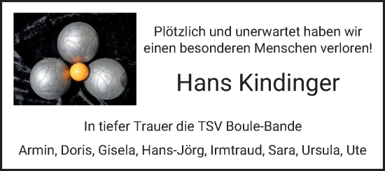 Traueranzeige von Hans Kindinger von Bergsträßer Anzeiger