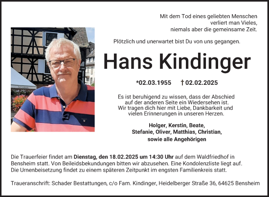 Traueranzeige von Hans Kindinger von Bergsträßer Anzeiger