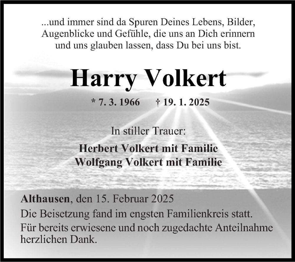  Traueranzeige für Harry Volkert vom 15.02.2025 aus Fränkische Nachrichten