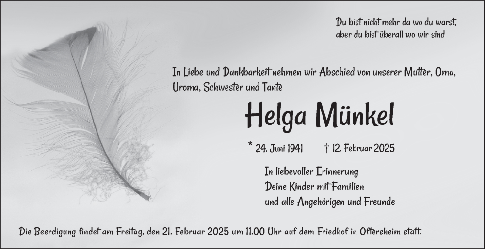  Traueranzeige für Helga Münkel vom 15.02.2025 aus Schwetzinger Zeitung