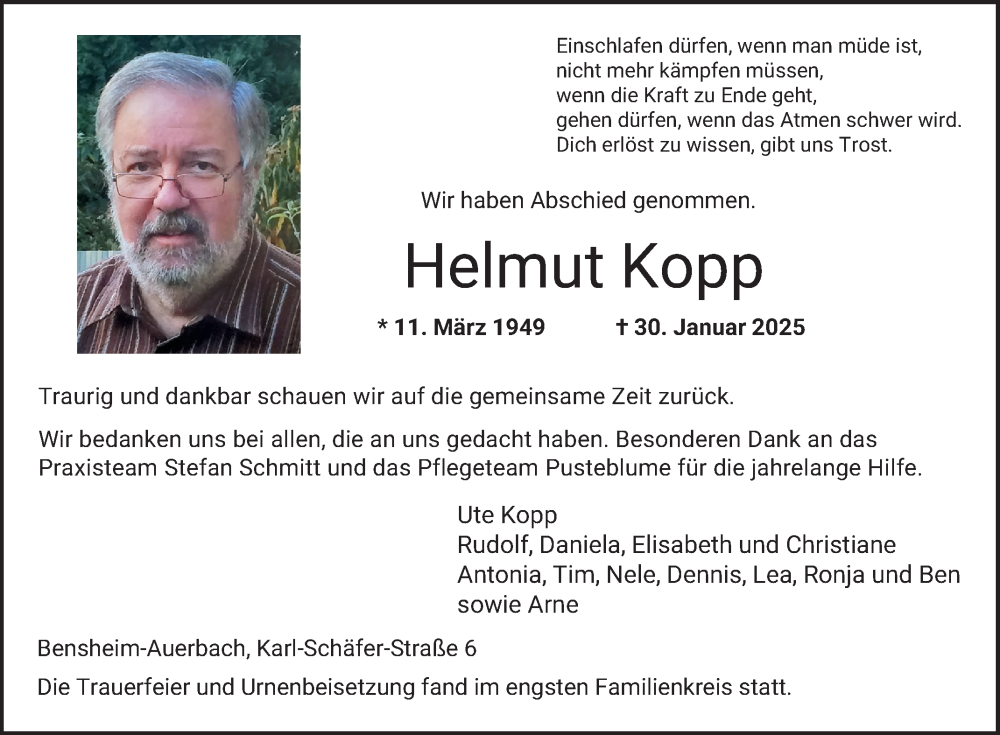  Traueranzeige für Helmut Kopp vom 15.02.2025 aus Bergsträßer Anzeiger