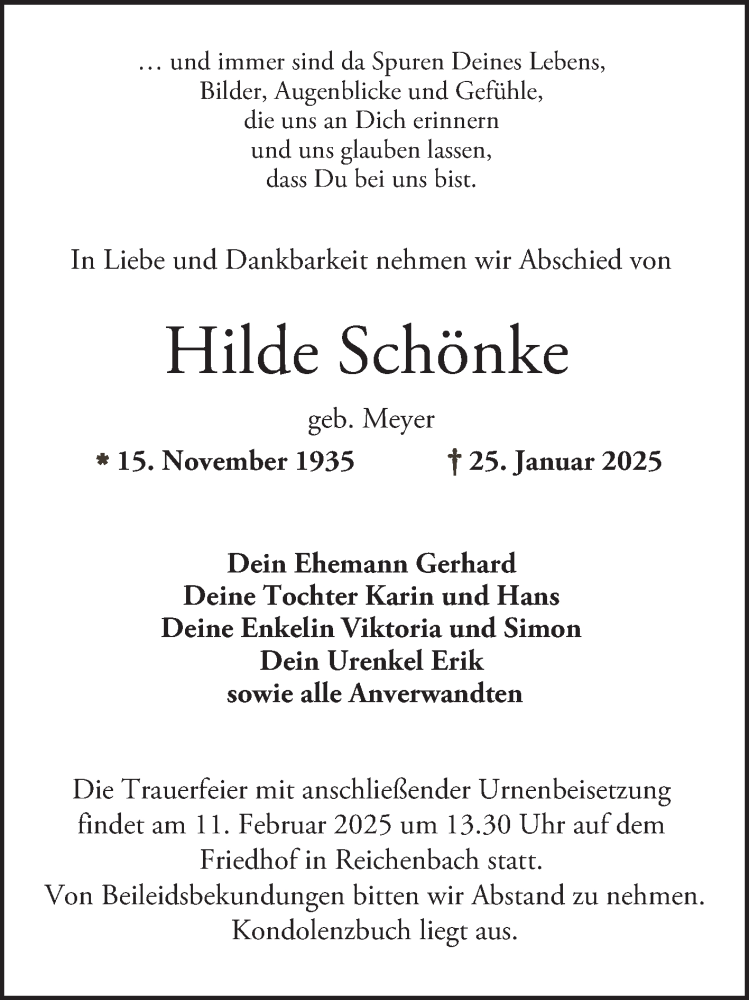  Traueranzeige für Hilde Schönke vom 06.02.2025 aus Bergsträßer Anzeiger