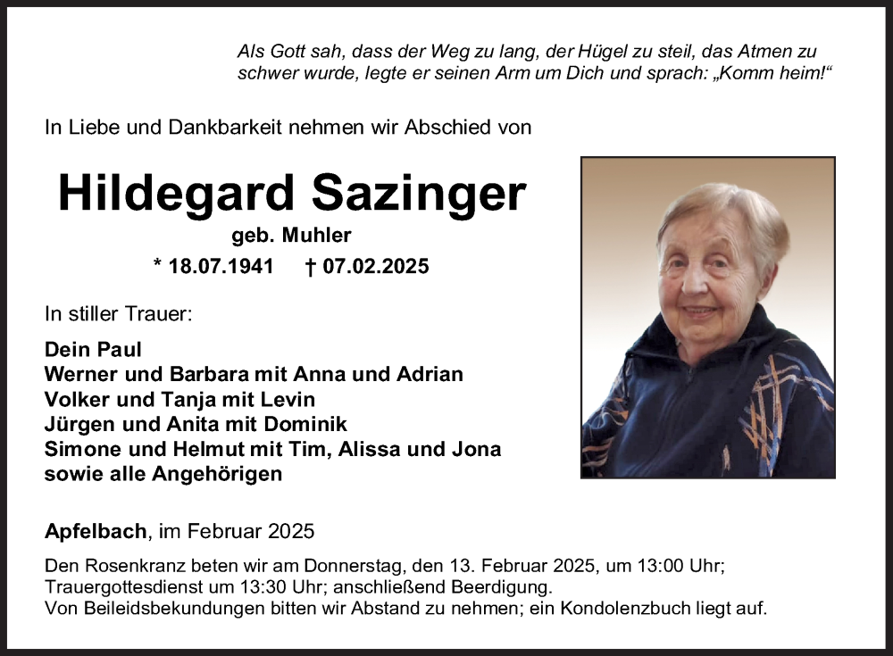  Traueranzeige für Hildegard Sazinger vom 11.02.2025 aus Fränkische Nachrichten