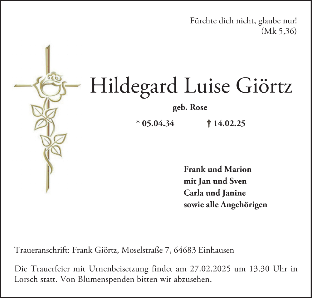  Traueranzeige für Hildegard Luise Giörtz vom 22.02.2025 aus Bergsträßer Anzeiger