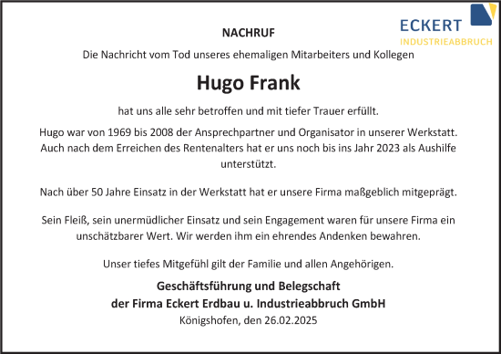 Traueranzeige von Hugo Frank von Fränkische Nachrichten