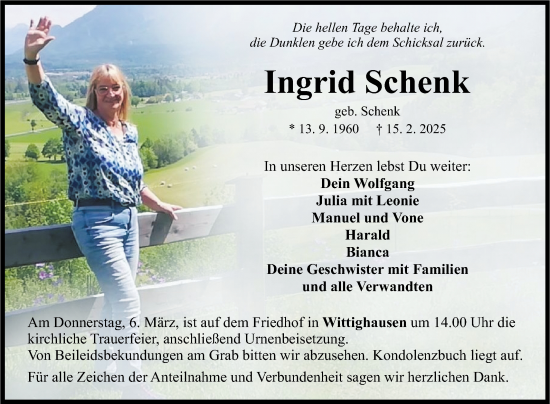 Traueranzeige von Ingrid Schenk von Fränkische Nachrichten