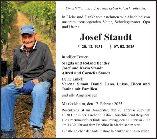 Traueranzeige von Josef Staudt von Fränkische Nachrichten