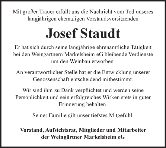 Traueranzeige von Josef Staudt von Fränkische Nachrichten