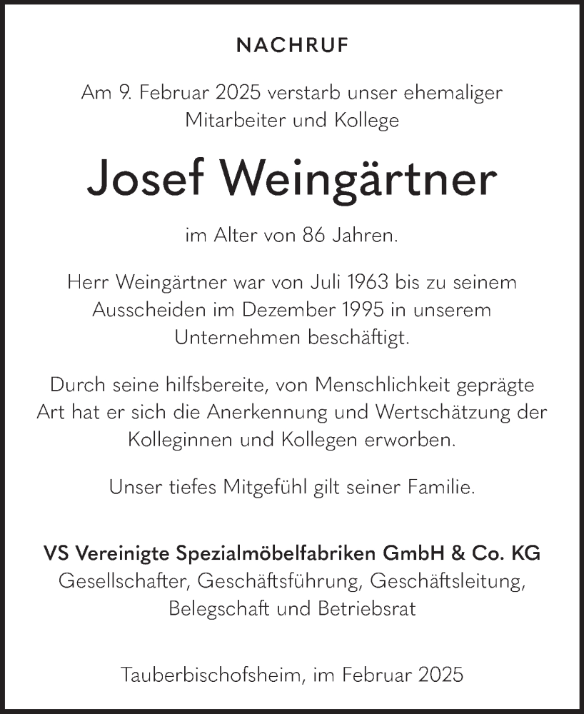  Traueranzeige für Josef Weingärtner vom 15.02.2025 aus Fränkische Nachrichten
