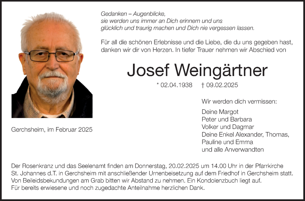  Traueranzeige für Josef Weingärtner vom 15.02.2025 aus Fränkische Nachrichten