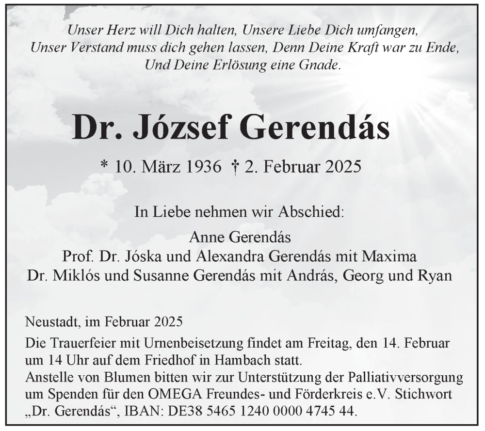  Traueranzeige für Jozsef Gerendas vom 07.02.2025 aus Mannheimer Morgen