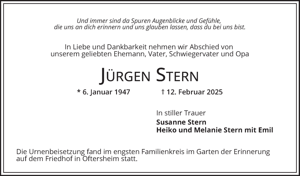  Traueranzeige für Jürgen Stern vom 01.03.2025 aus Schwetzinger Zeitung