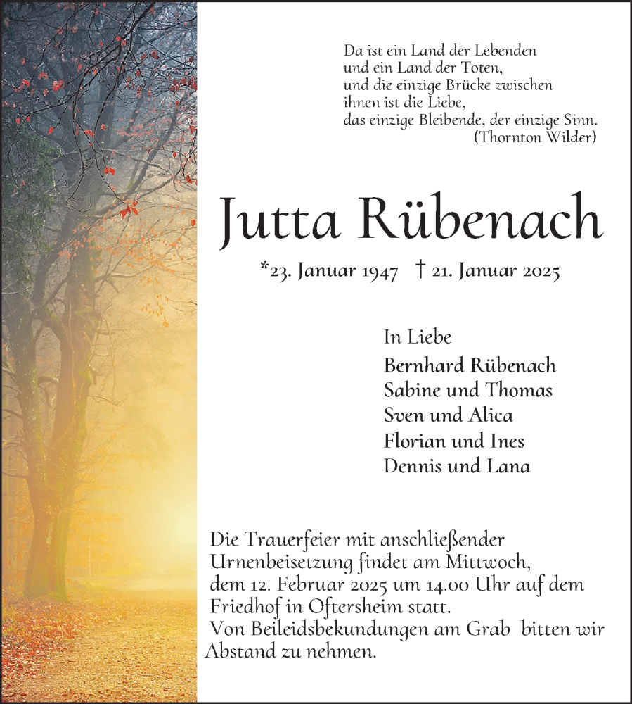  Traueranzeige für Jutta Rübenach vom 08.02.2025 aus Schwetzinger Zeitung
