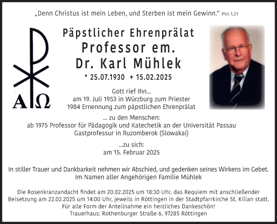 Traueranzeige von Karl Mühlek von Fränkische Nachrichten