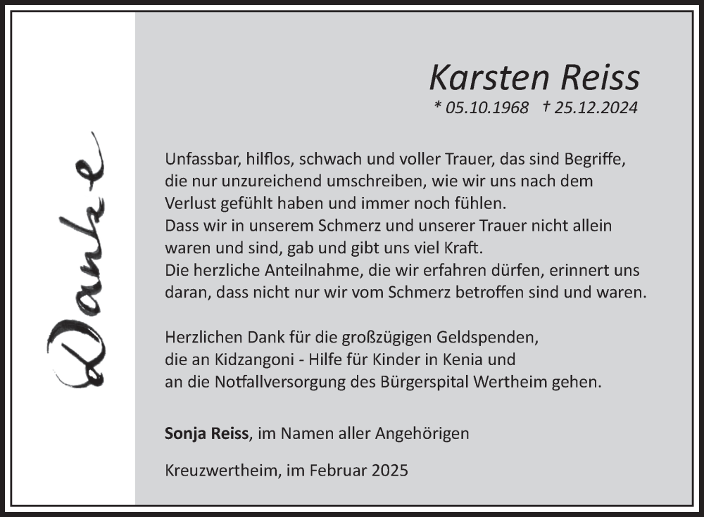  Traueranzeige für Karsten Reiss vom 15.02.2025 aus Fränkische Nachrichten