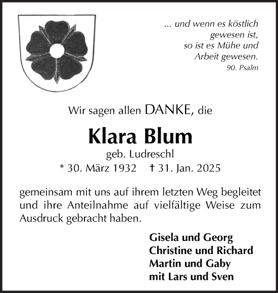 Traueranzeige von Klara Blum von Mannheimer Morgen