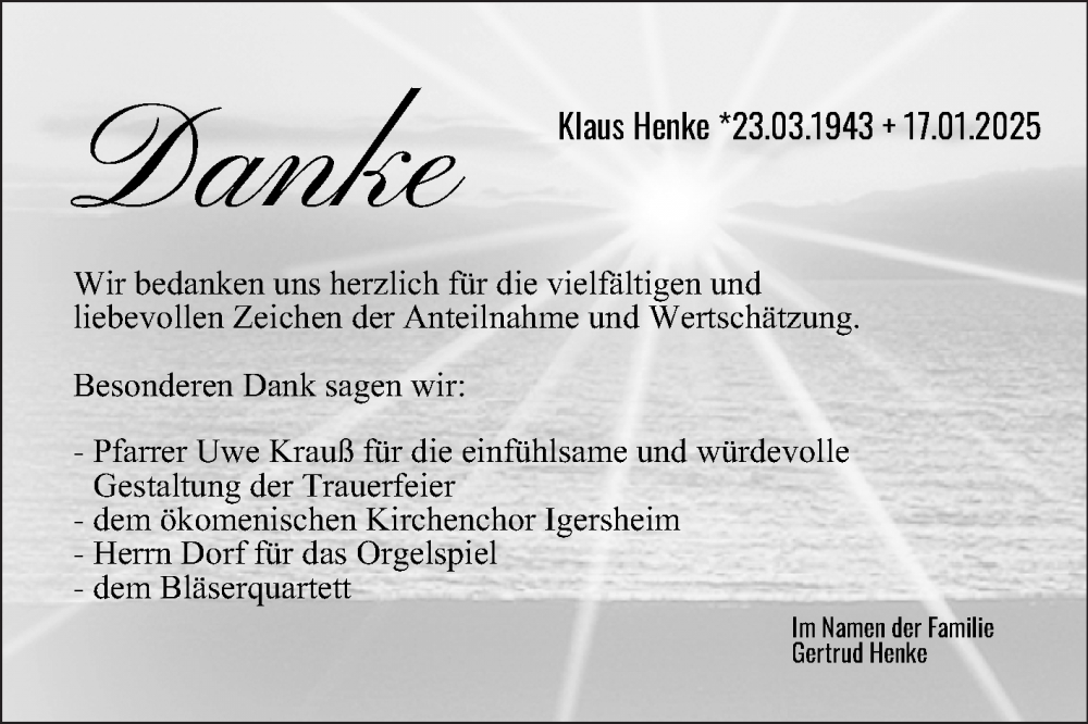  Traueranzeige für Klaus Henke vom 15.02.2025 aus Fränkische Nachrichten