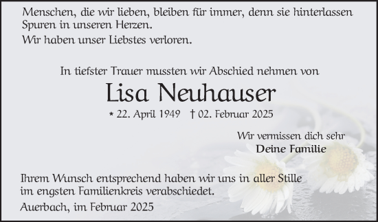 Traueranzeige von Lisa Neuhauser von Bergsträßer Anzeiger
