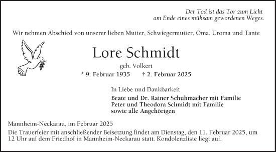 Traueranzeige von Lore Schmidt von Mannheimer Morgen