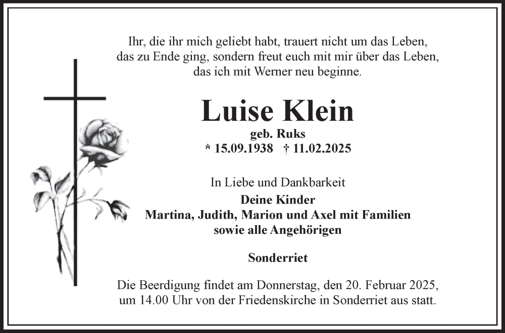  Traueranzeige für Luise Klein vom 15.02.2025 aus Fränkische Nachrichten