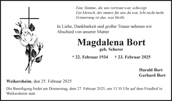 Traueranzeige von Magdalena Bort von Fränkische Nachrichten