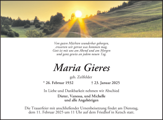 Traueranzeige von Maria Gieres von Schwetzinger Zeitung