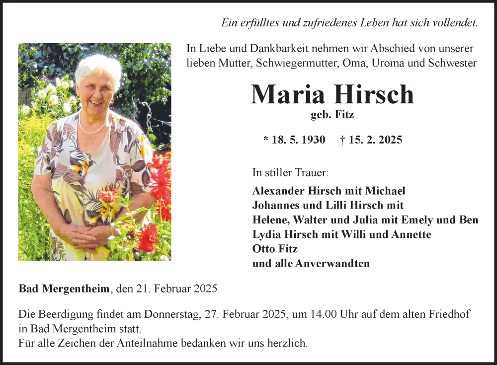  Traueranzeige für Maria Hirsch vom 21.02.2025 aus Fränkische Nachrichten