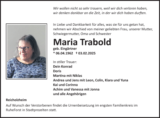 Traueranzeige von Maria Trabold von Fränkische Nachrichten