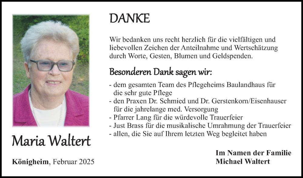  Traueranzeige für Maria Waltert vom 05.02.2025 aus Fränkische Nachrichten