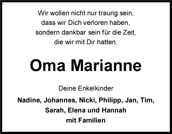 Traueranzeige von Marianne Heidinger von Fränkische Nachrichten