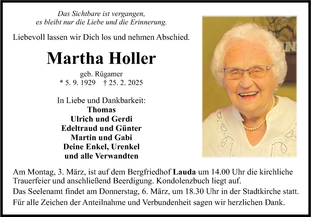  Traueranzeige für Martha Holler vom 01.03.2025 aus Fränkische Nachrichten