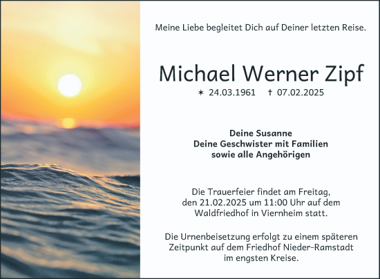 Traueranzeige von Michael Werner Zipf von Mannheimer Morgen