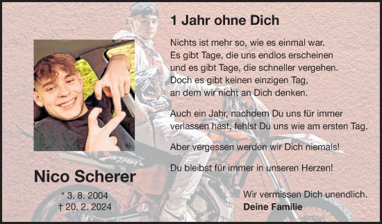 Traueranzeige von Nico Scherer von Fränkische Nachrichten