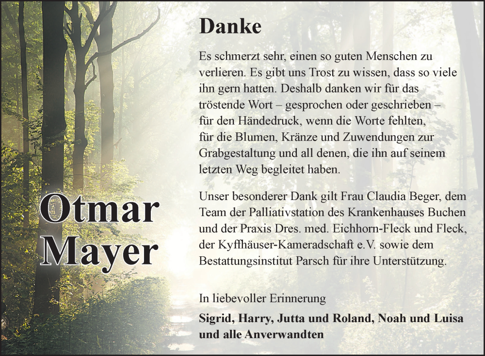  Traueranzeige für Otmar Mayer vom 05.02.2025 aus Fränkische Nachrichten